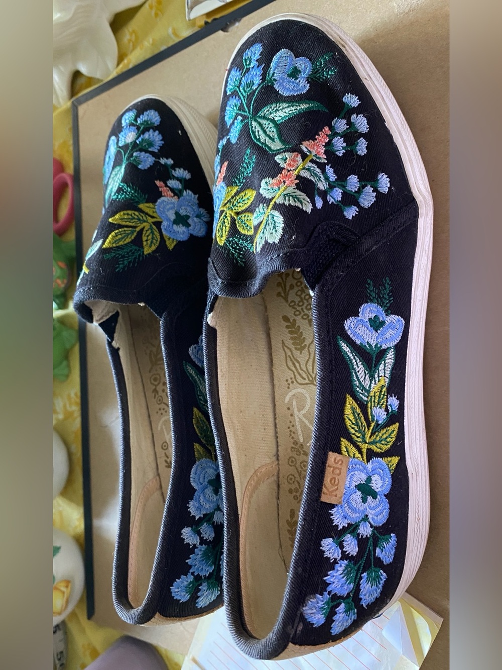 Black KEDS/Rifle Paper Slip On. Size 7 in EUC. Embroidered Florals blue, green - Picture 4 of 10